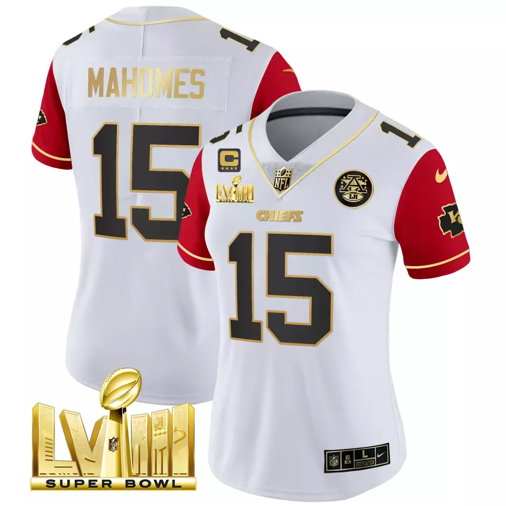 Patrick Mahomes 15 Chiefs Jersey White Super Bowl Lviii Women Player Red Gold Vapor