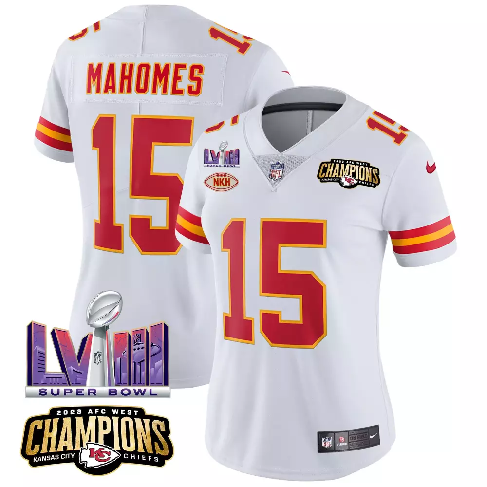 Patrick Mahomes 15 Jersey White Super Bowl Lvii Champions Kansas City Chiefs 2023 AFC West