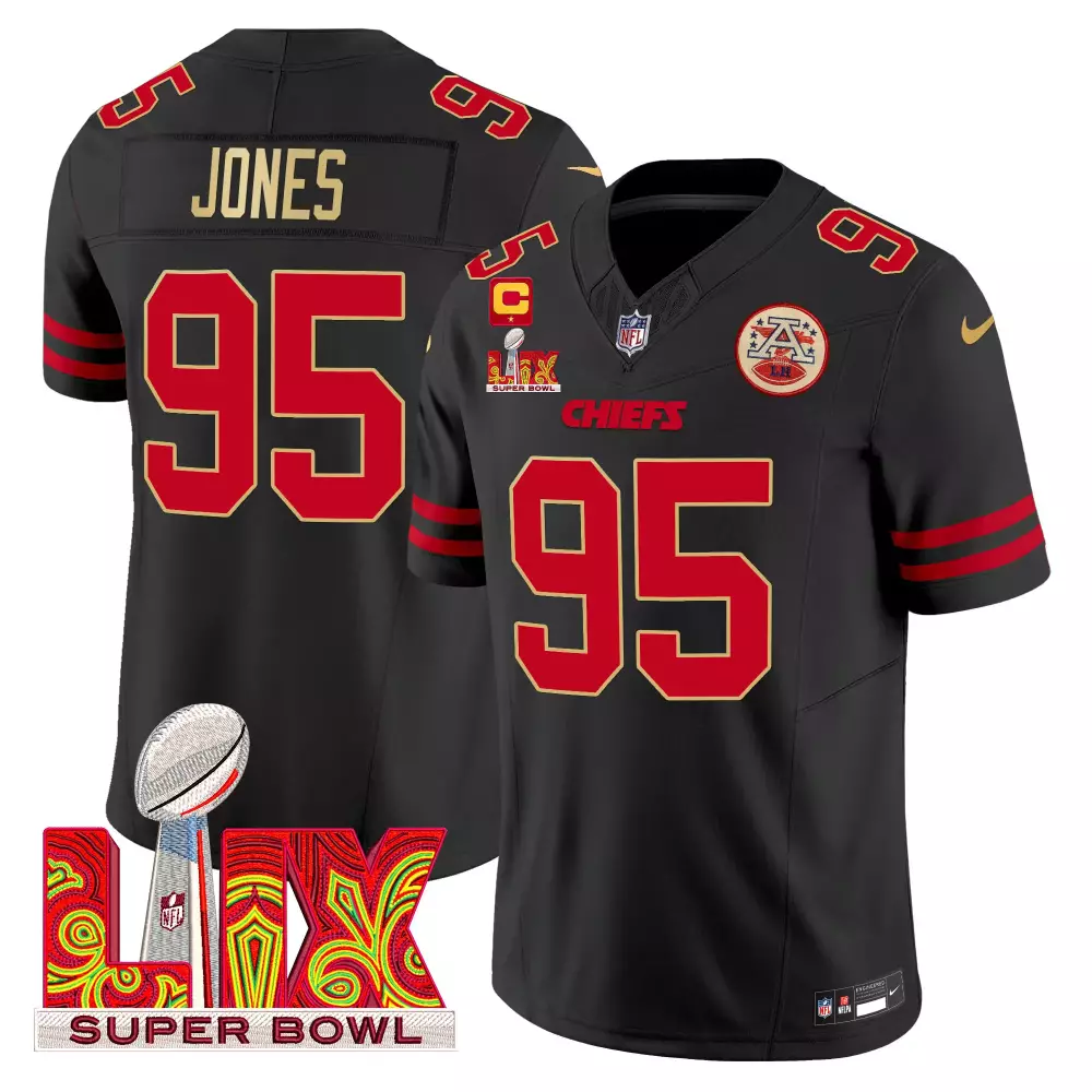Chris Jones 95 Chiefs Jersey Black Super Bowl Lix Men Player Red Gold Vapor Limited