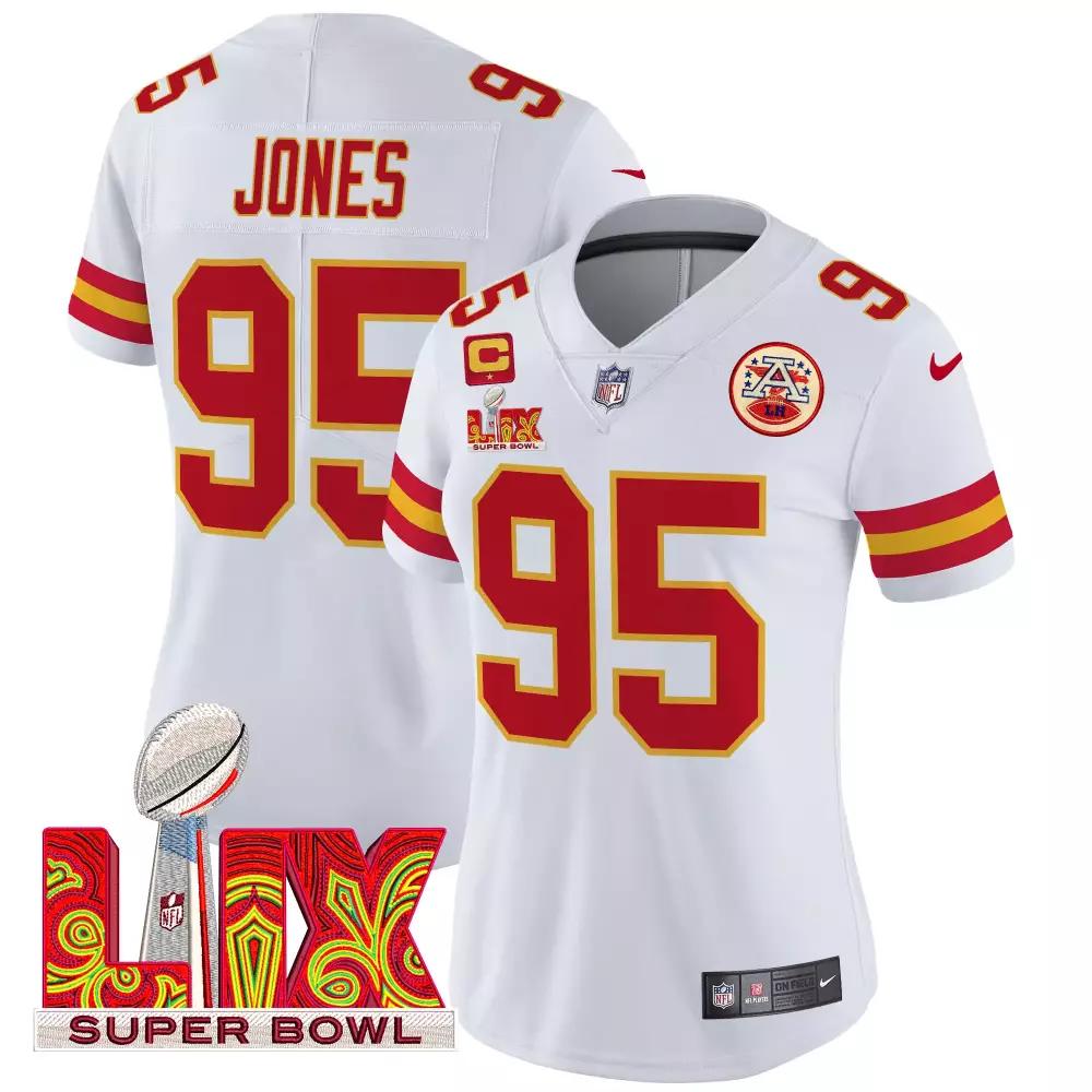 Chris Jones 95 Kansas City Chiefs Jersey White Super Bowl Lix Captain Men Game Red
