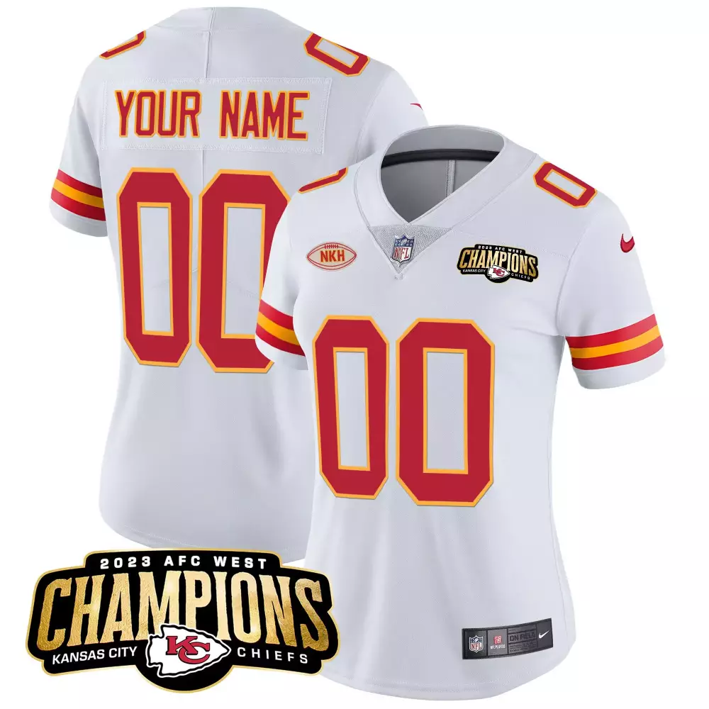 Custom Kansas City Chiefs Jersey White 2023 AFC West Champions Women Red Gold Vapor