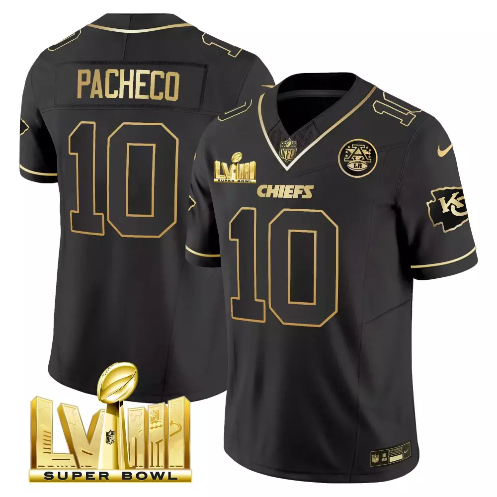 Isiah Pacheco 10 Chiefs Jersey Black Super Bowl Lvii Men Player Gold Vapor v4 All