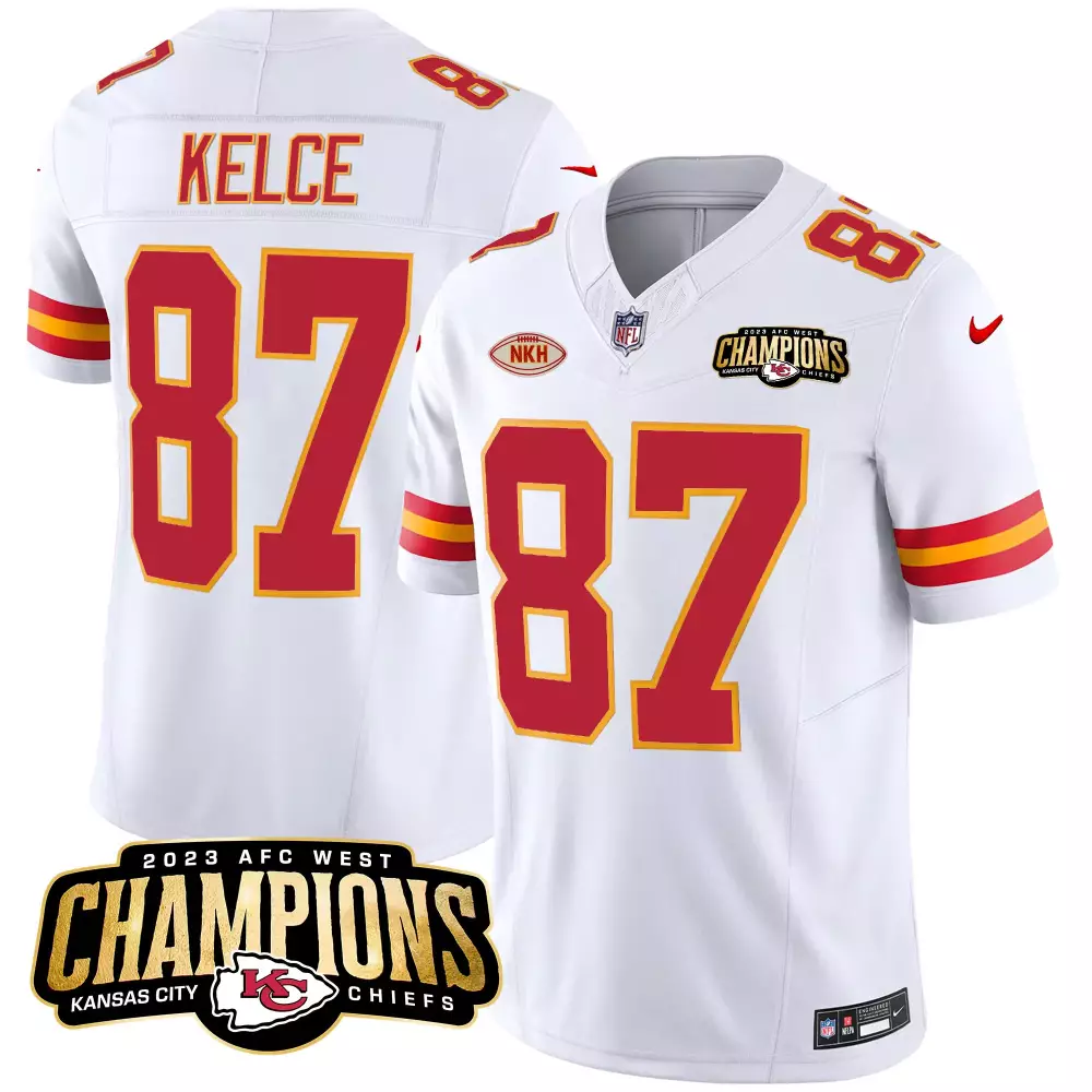 Travis Kelce 87 Jersey White 2023 AFC West Champions Kansas City Chiefs Men Player