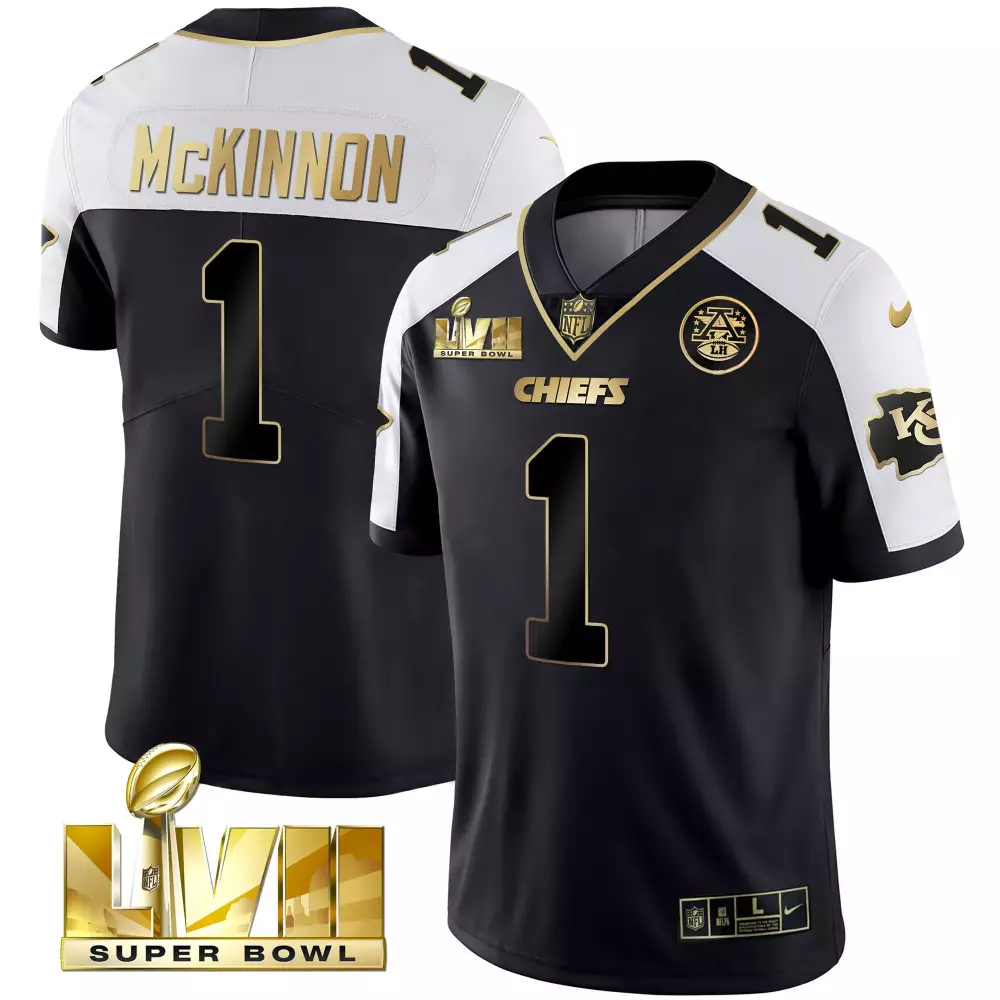 Jerick Mckinnon 1 Chiefs Jersey Black Super Bowl Lvii 2023 Men White Gold All Stitched