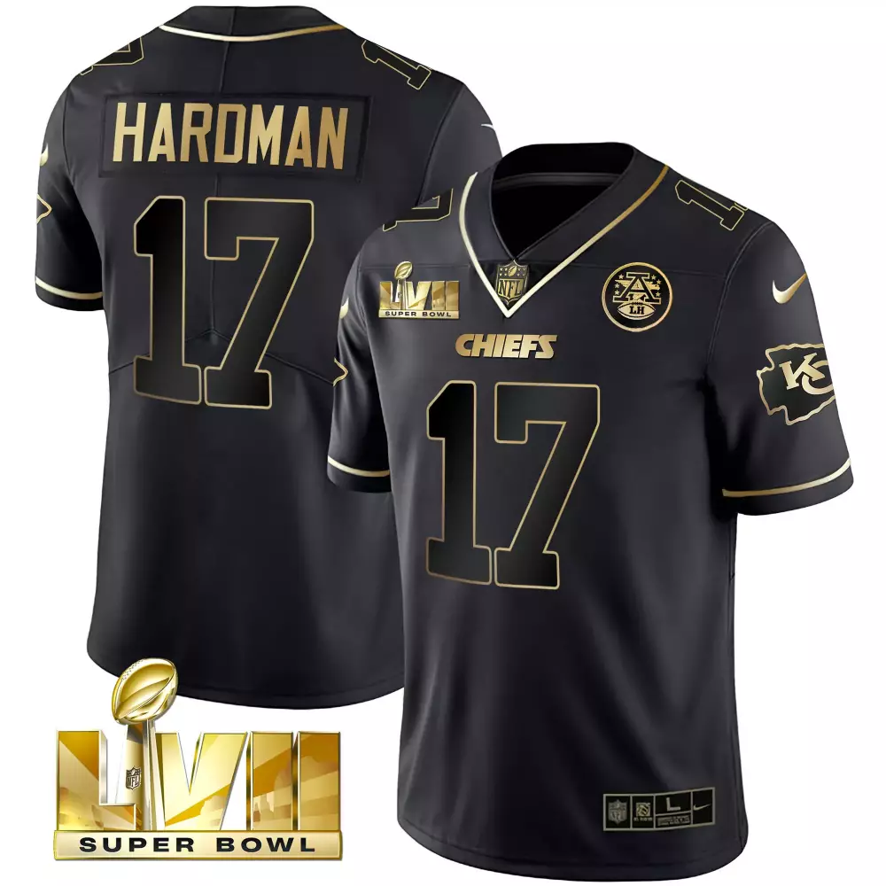 Mecole Hardman 17 Chiefs Jersey Black Super Bowl Lvii Men Player Gold Stitched