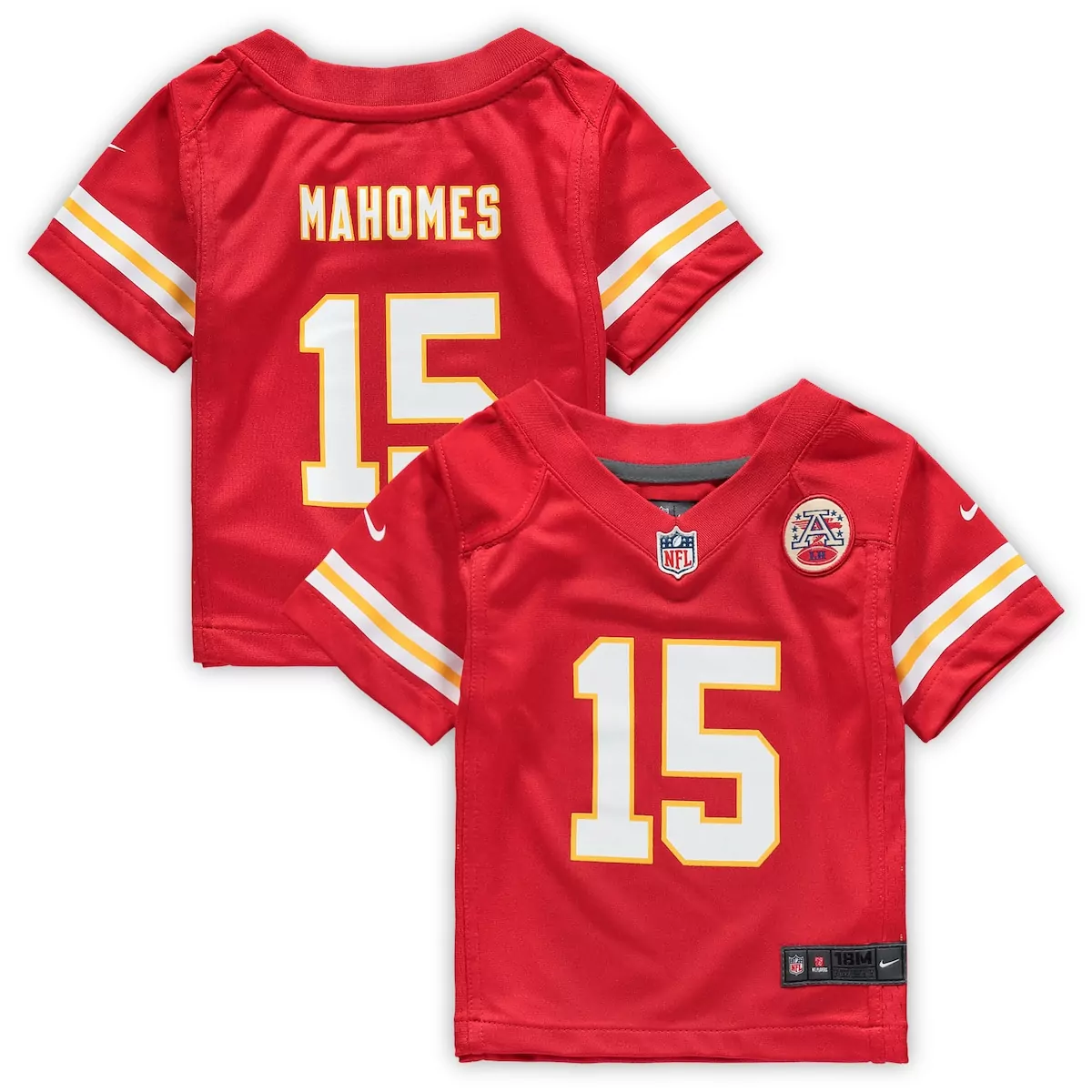 Patrick Mahomes 15 Jersey Red NFL 100 Kansas City Chiefs Kids Replica White Yellow