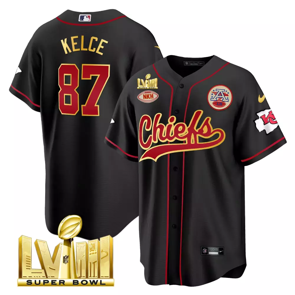 Travis Kelce 87 Chiefs Jersey Black Super Bowl Lvii Champions Nkh Men Red Gold All