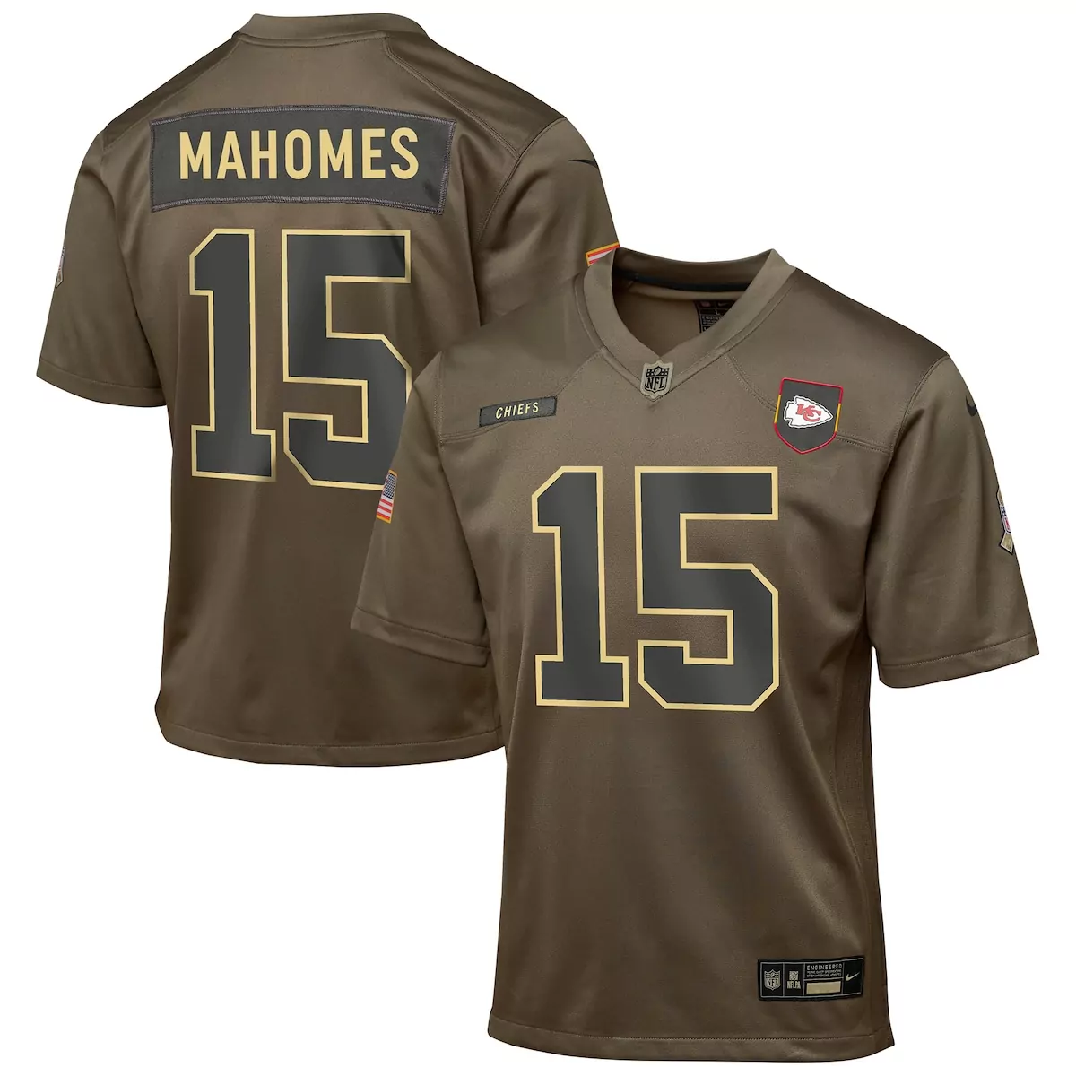 Patrick Mahomes 15 Chiefs Jersey Olive Green Salute To Service Kansas City American Flag