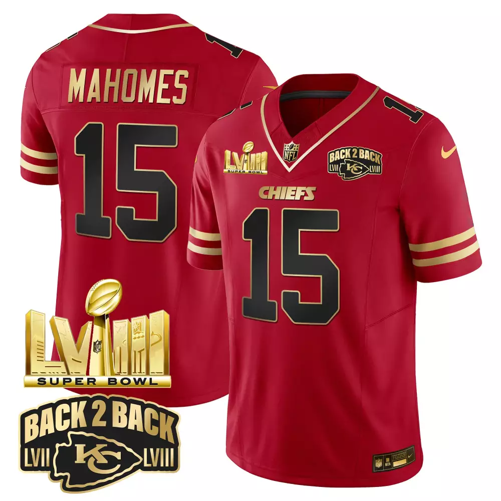 Mahomes Back 15 Chiefs Jersey Red Super Bowl Lviii Champions Lvii Men Game Gold Black