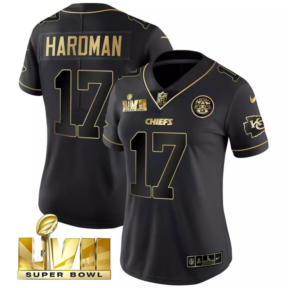 Mecole Hardman 17 Chiefs Jersey Black Super Bowl Lvii Men Player Gold Stitched