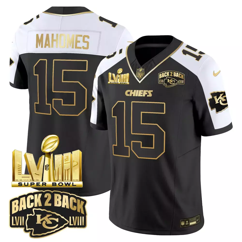 Mahomes Lvii 15 Chiefs Jersey Black Back 2 Super Bowl Lviii Men Player White Gold