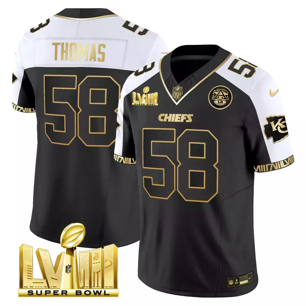 Derrick Thomas 58 Chiefs Jersey Black Super Bowl Lviii 2023 Men White Gold All Stitched