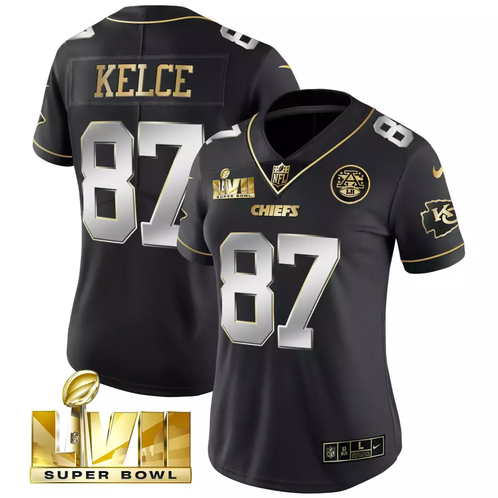 Travis Kelce 87 Chiefs Jersey Black Super Bowl Lvii Men Player Gold Silver All Stitched