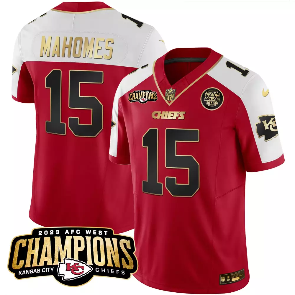 Mahomes Male 15 Jersey Red AFC West Champions Kansas City Chiefs 2023 Men White Gold