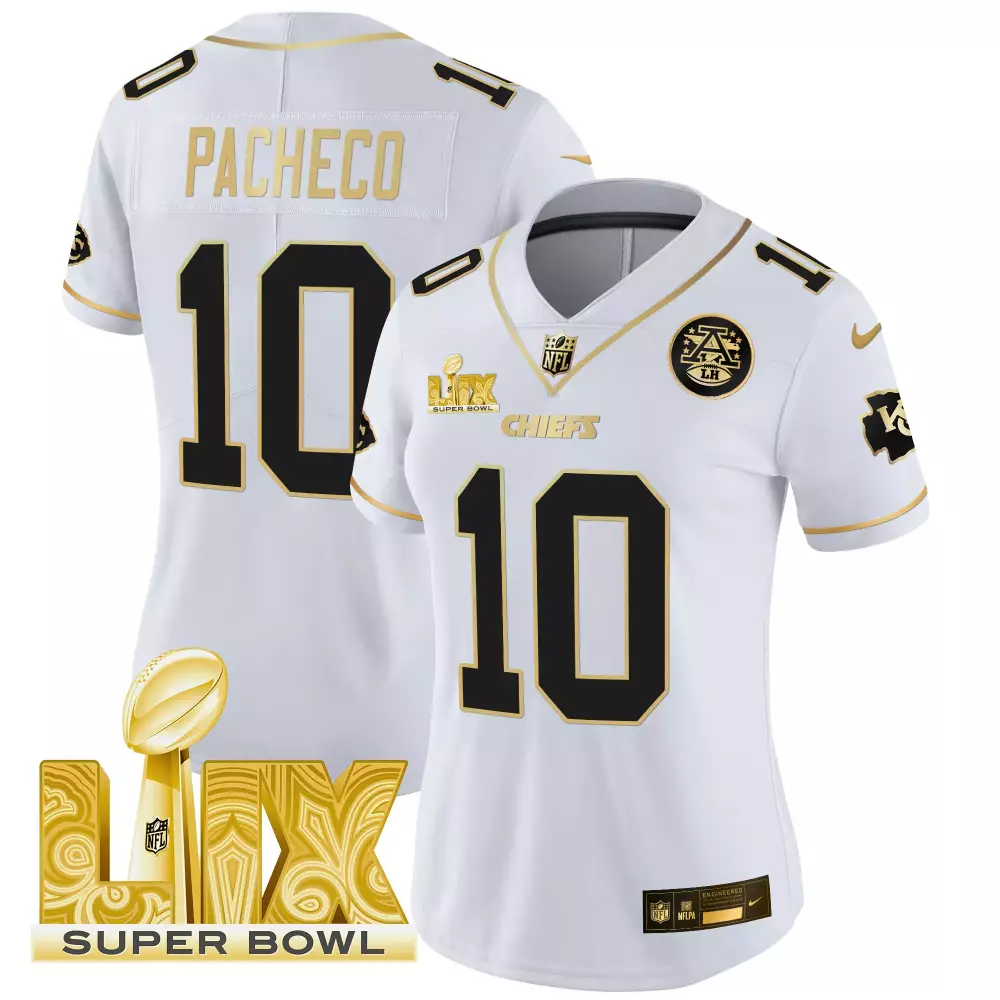 Isiah Pacheco 10 Chiefs Jersey White Super Bowl Lix Women Black Gold Vapor Limited