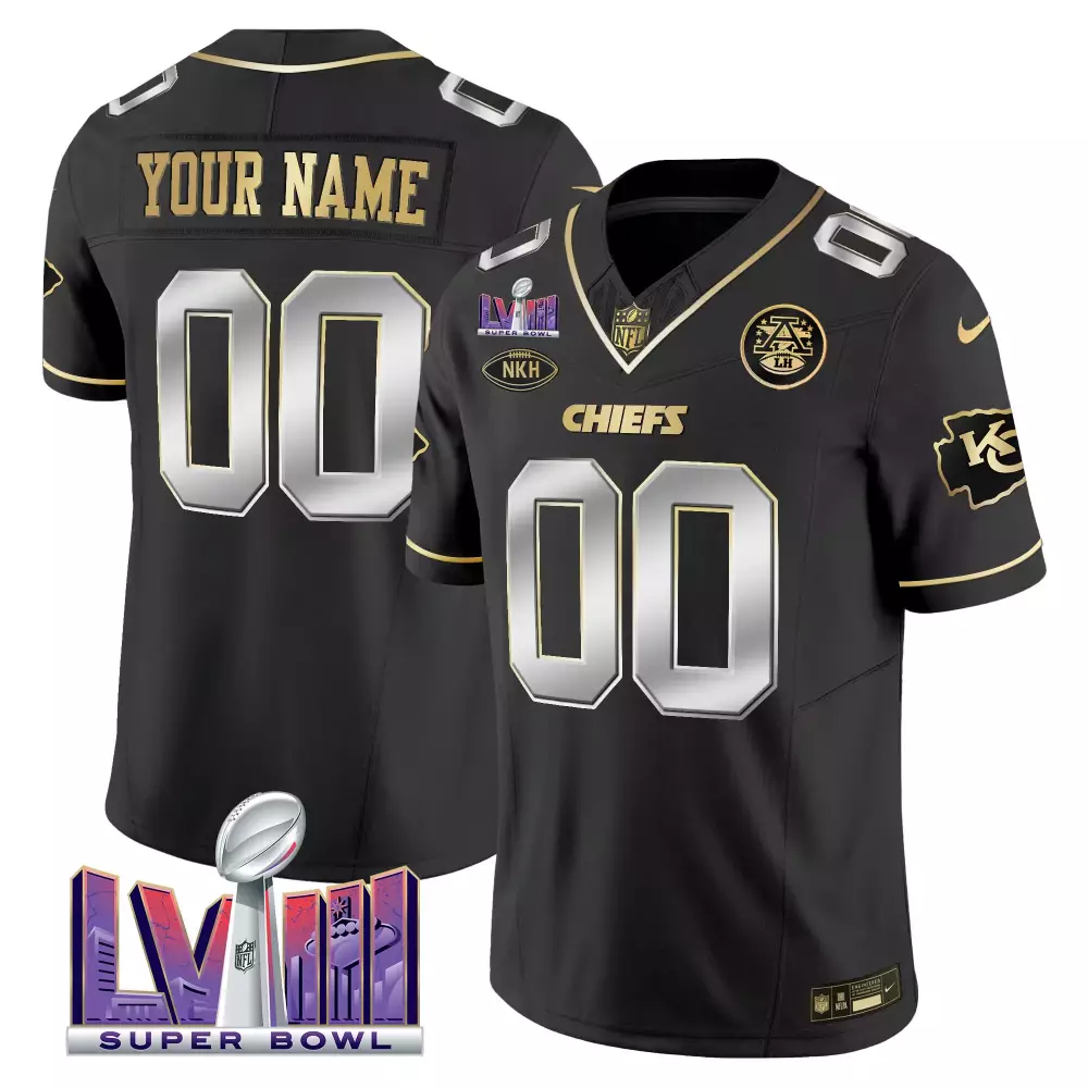Custom Chiefs Jersey Black Super Bowl Lviii Nkh Men Gold Silver Stitched