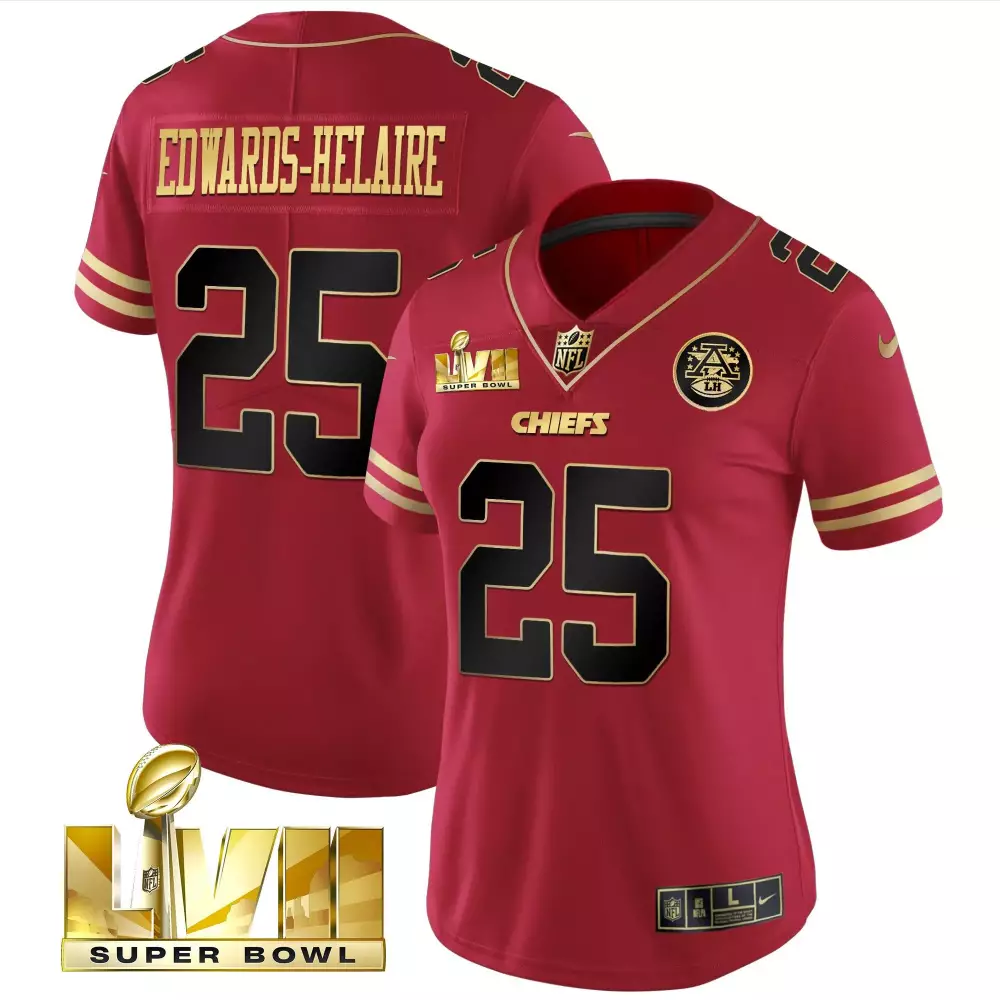 Clyde Edwardshelaire 25 Chiefs Jersey Red Super Bowl Lvii Men Standard Gold Black