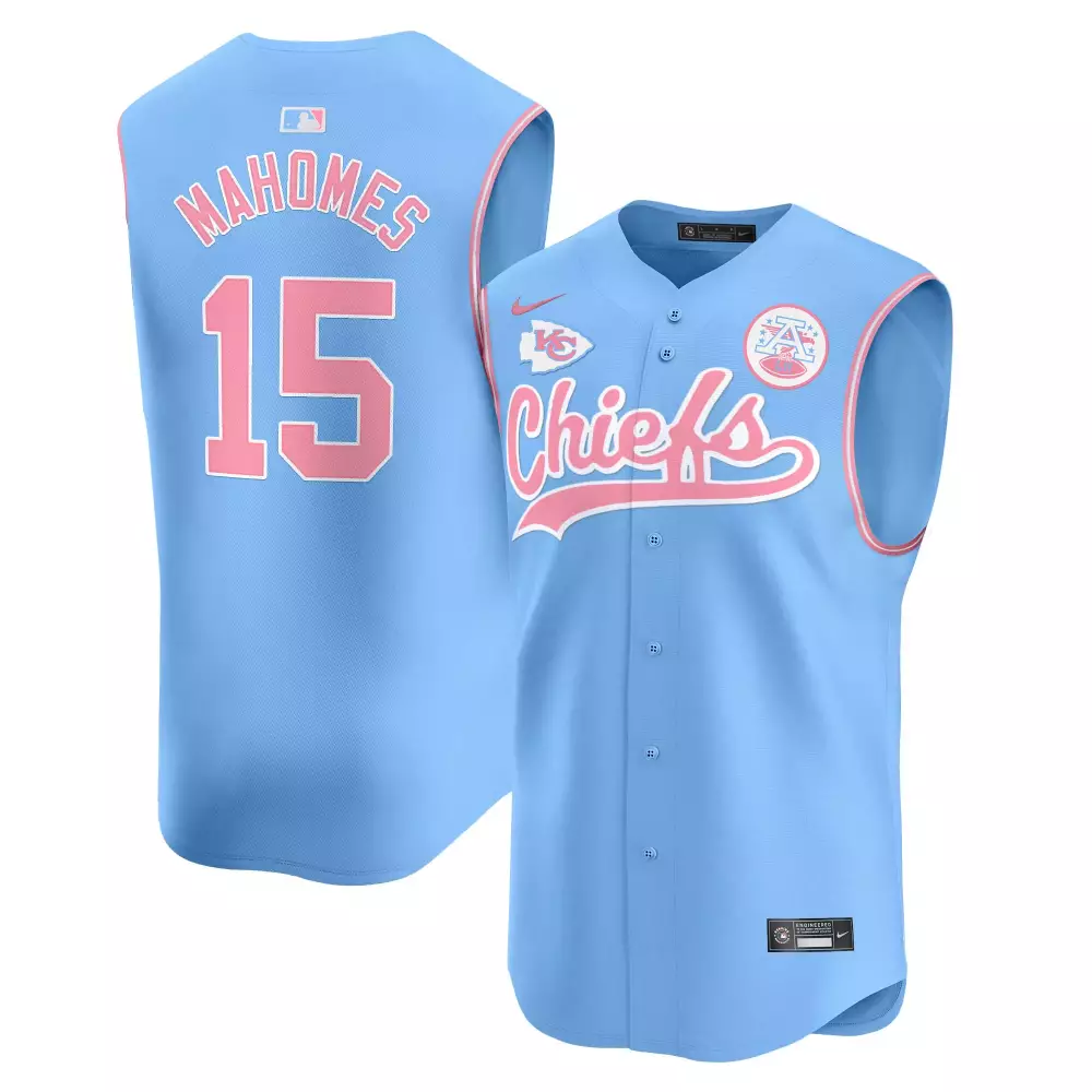Patrick Mahomes 15 Chiefs Jersey Blue Men Split Design Pink All Stitched Vapor