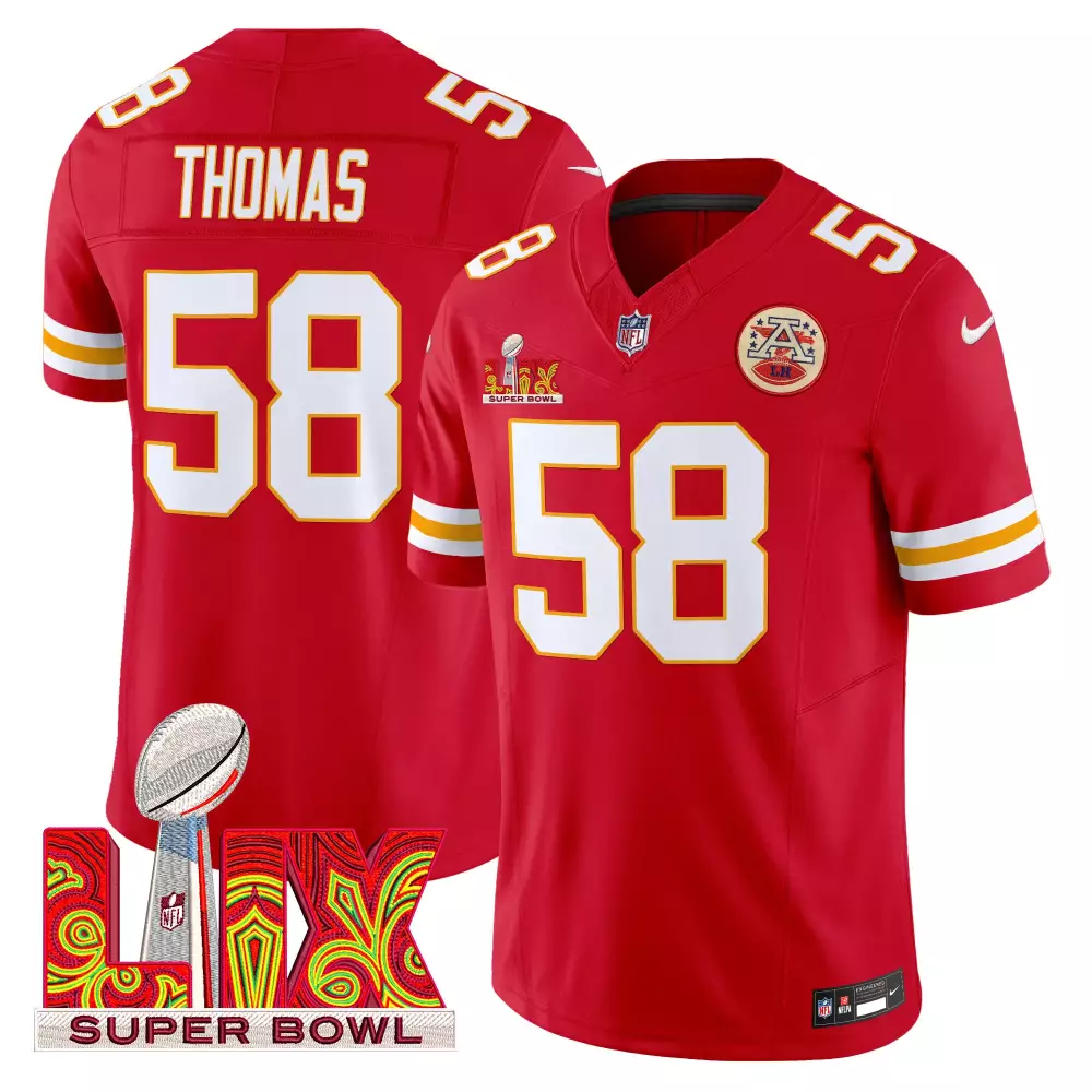 Derrick Thomas 58 Jersey Red Kansas City Chiefs Super Bowl Lix Men White Yellow Vapor