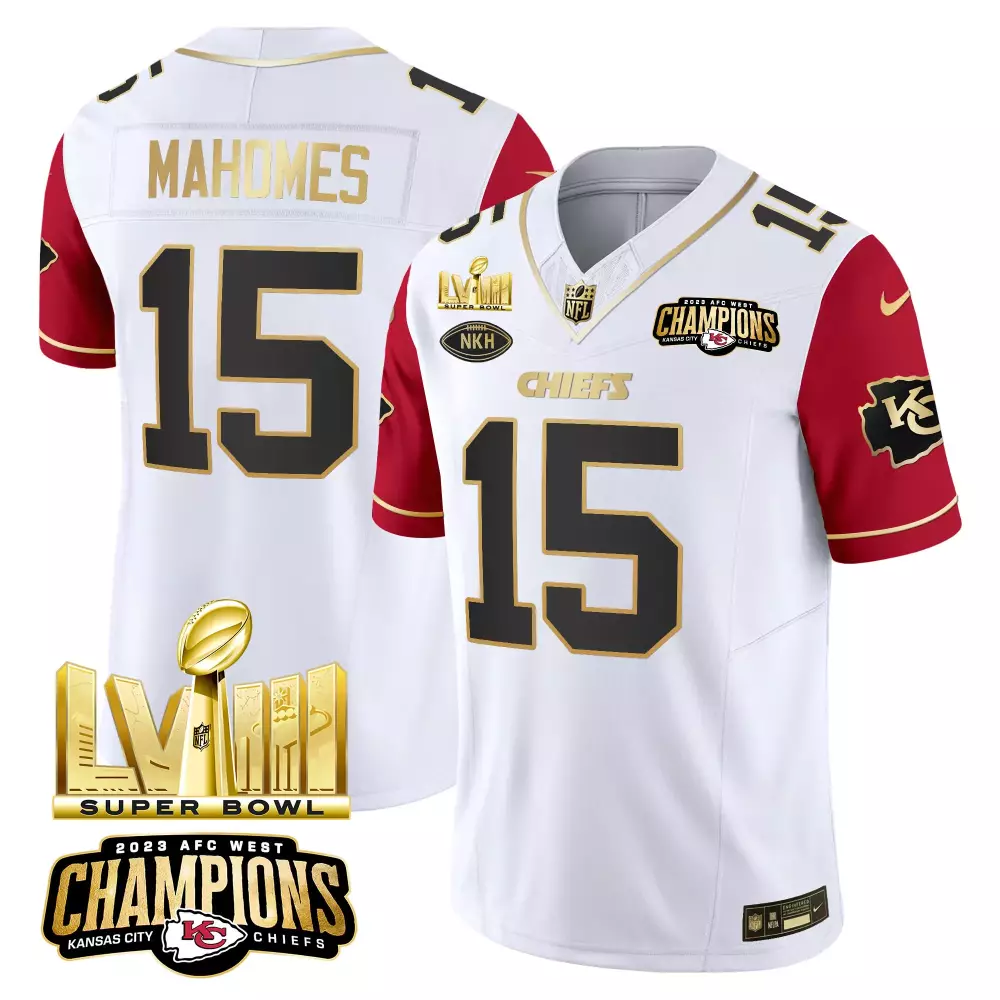 Mahomes Male 15 Jersey White Super Bowl Lviii Champions Kansas City Chiefs AFC West 2023