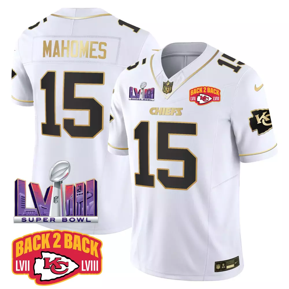 Mahomes Back 15 Jersey White Super Bowl Lviii Champions Kansas City Chiefs Men Black