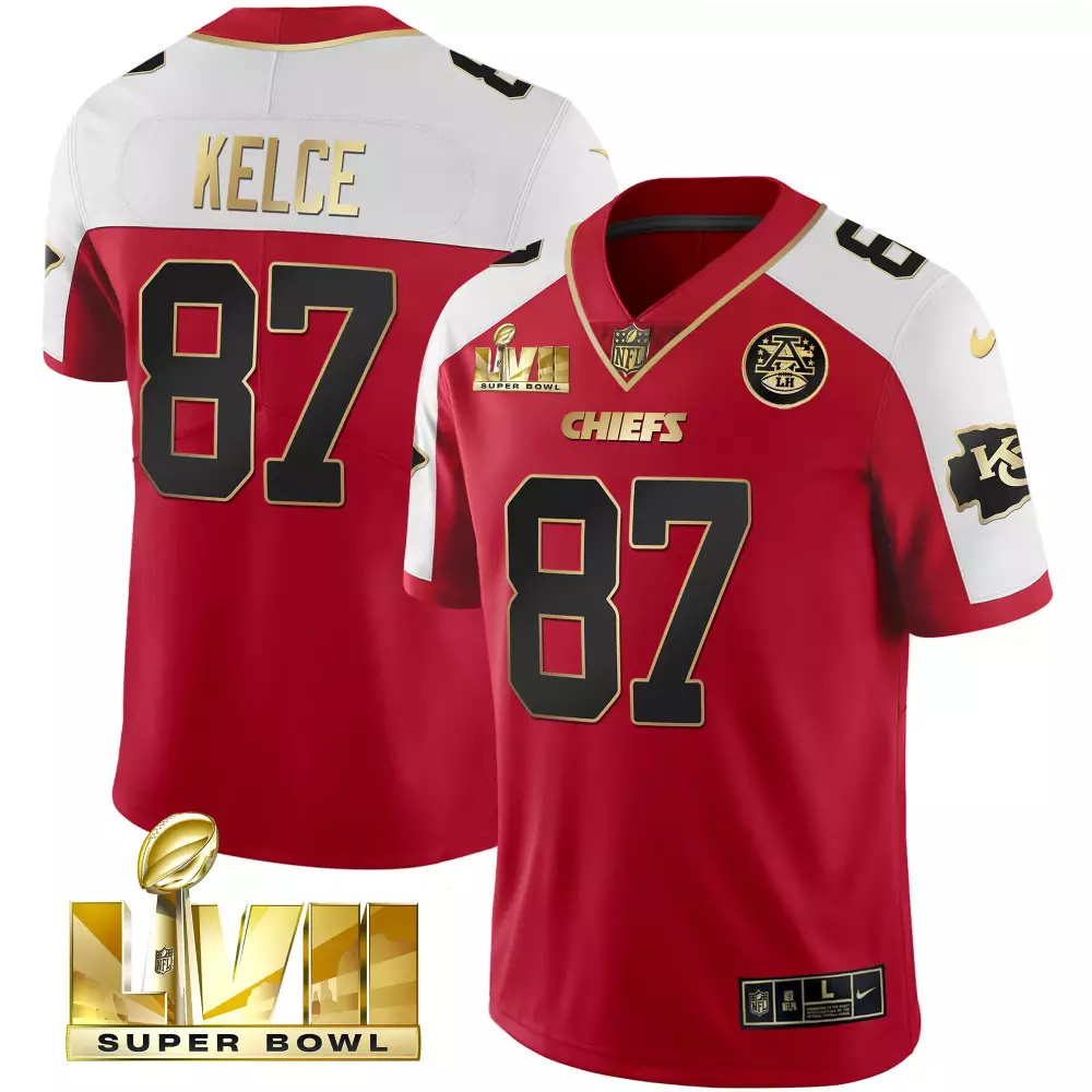 Kelce 87 Chiefs Jersey Red Super Bowl Lviii 2023 Men Split Design White Black Gold