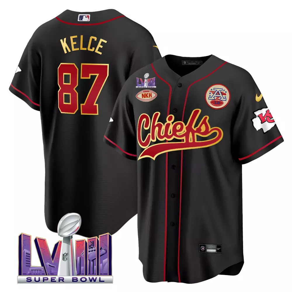 Travis Kelce 87 Jersey Black Super Bowl Lviii Kansas City Chiefs Nkh Men Red Gold