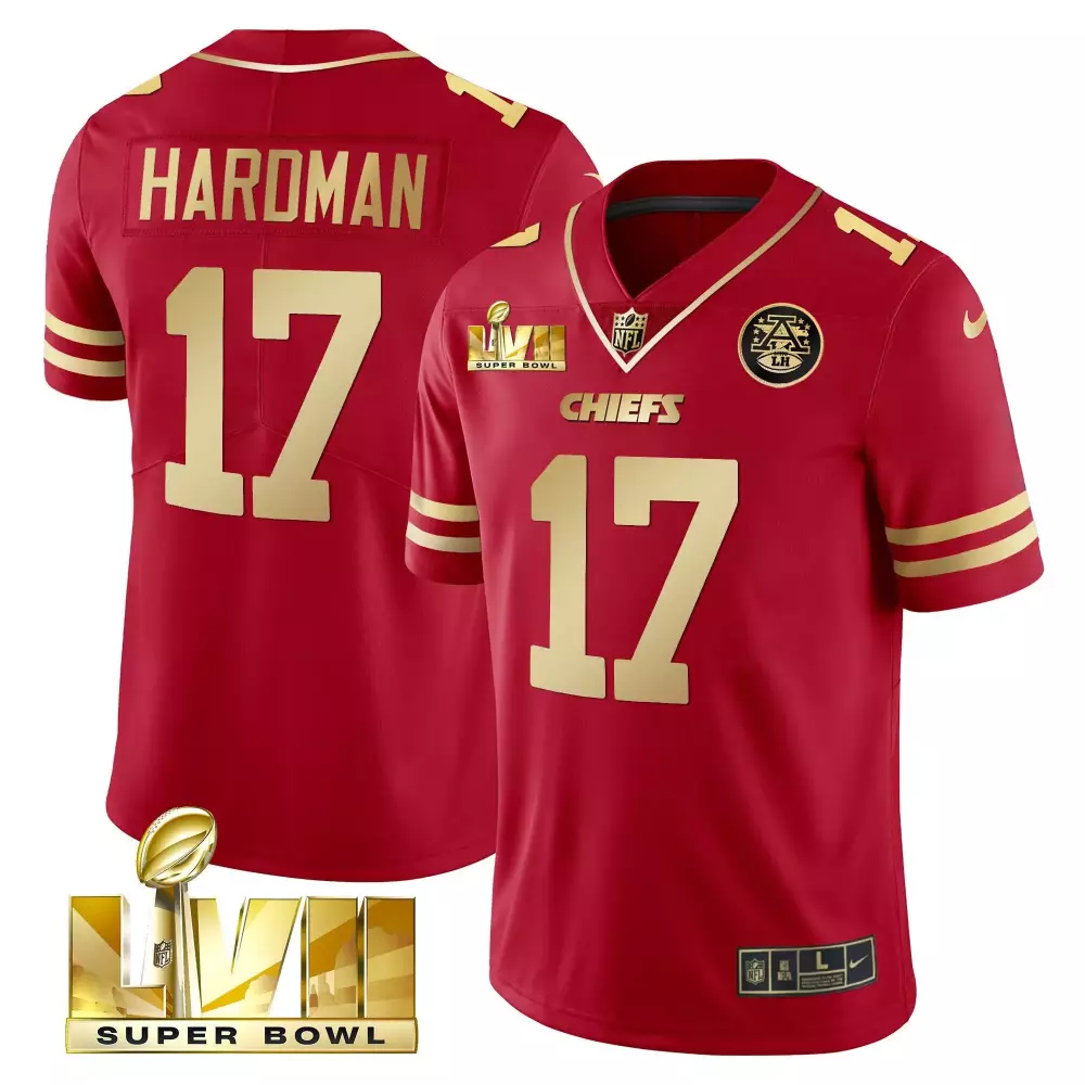 Mecole Hardman 17 Chiefs Jersey Red Super Bowl Lvii 2022 Men Gold Vapor All Stitched