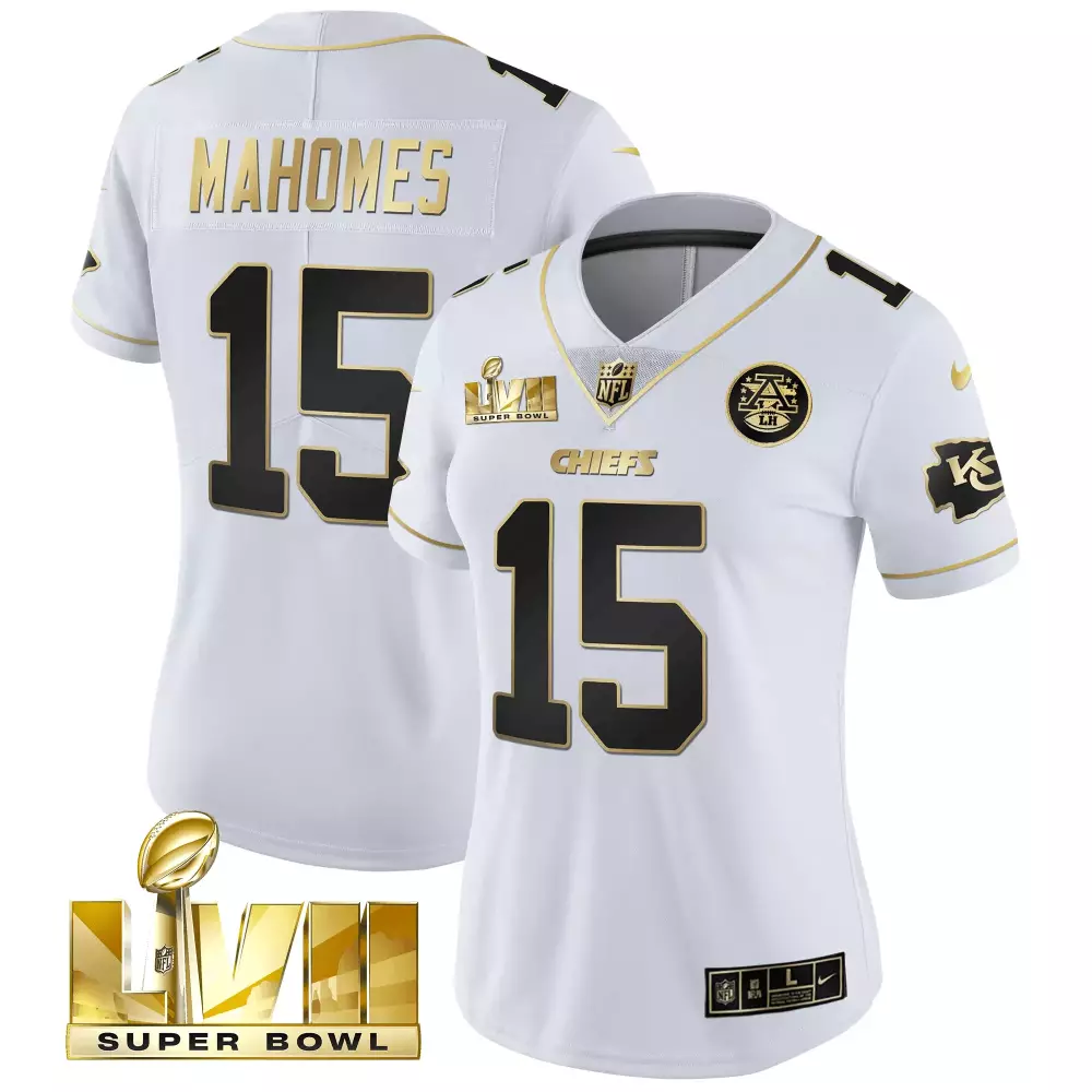 Patrick Mahomes 15 Chiefs Jersey White Super Bowl Lvii T.h. Women Replica Black Gold