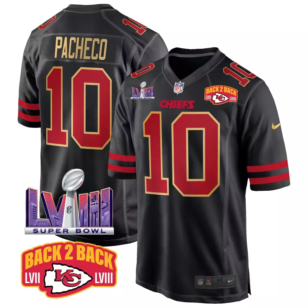 Isiah Pacheco 10 Chiefs Jersey Black Back 2 Super Bowl Lvii Lviii 2023 Men Player