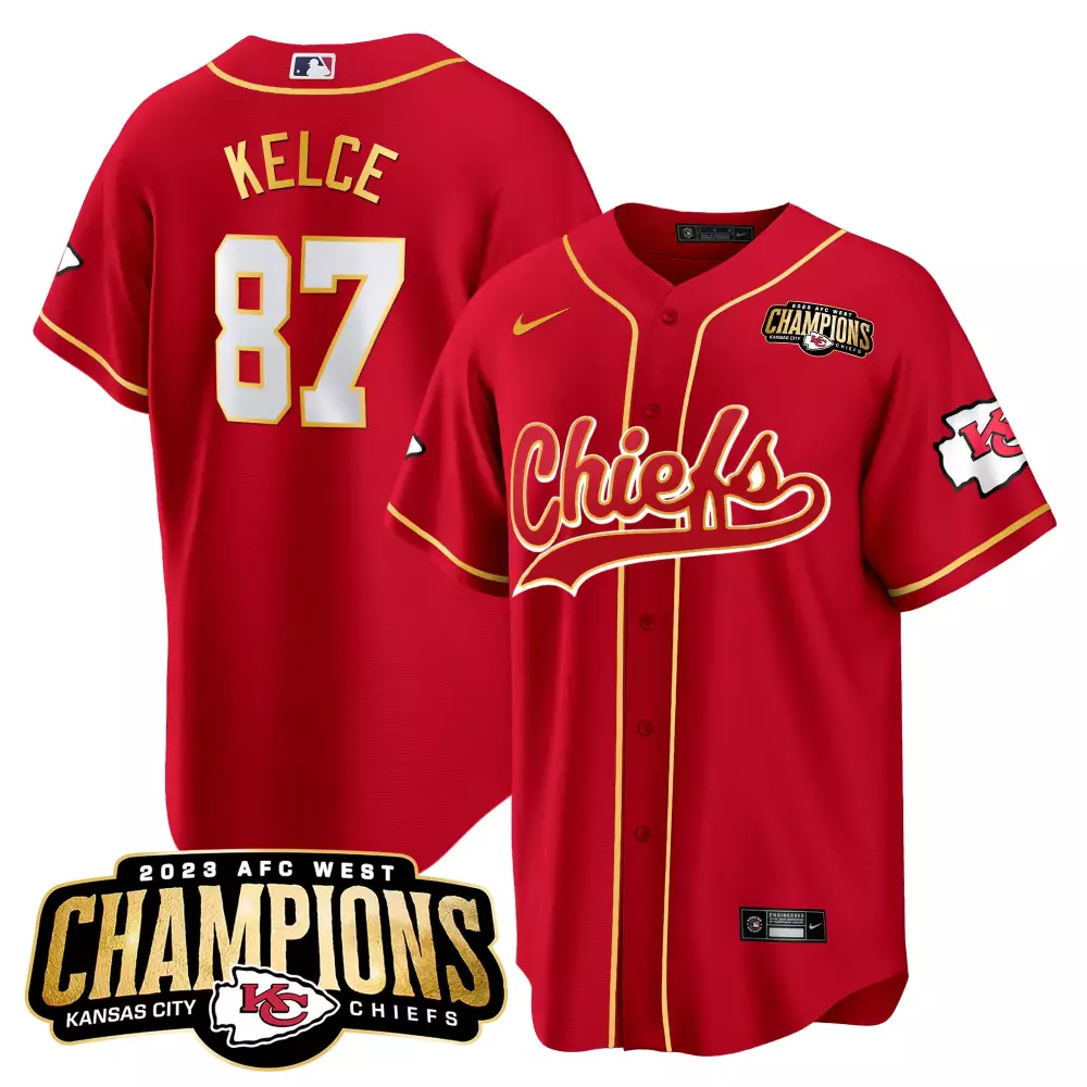 Travis Kelce 87 Jersey Red AFC West Champions Kansas City Chiefs 2023 Men Gold White