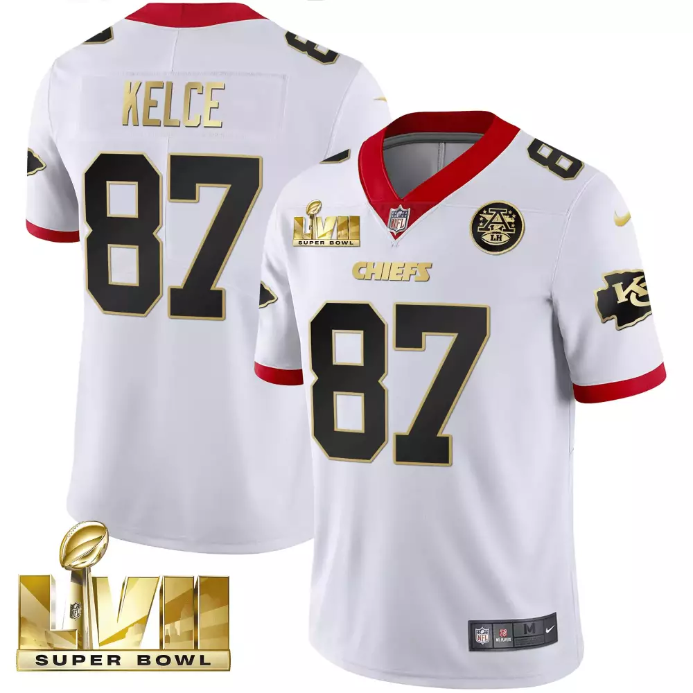 Kelce Lvii 87 Chiefs Jersey White Super Bowl 2023 Men Player Black Red Gold Limited