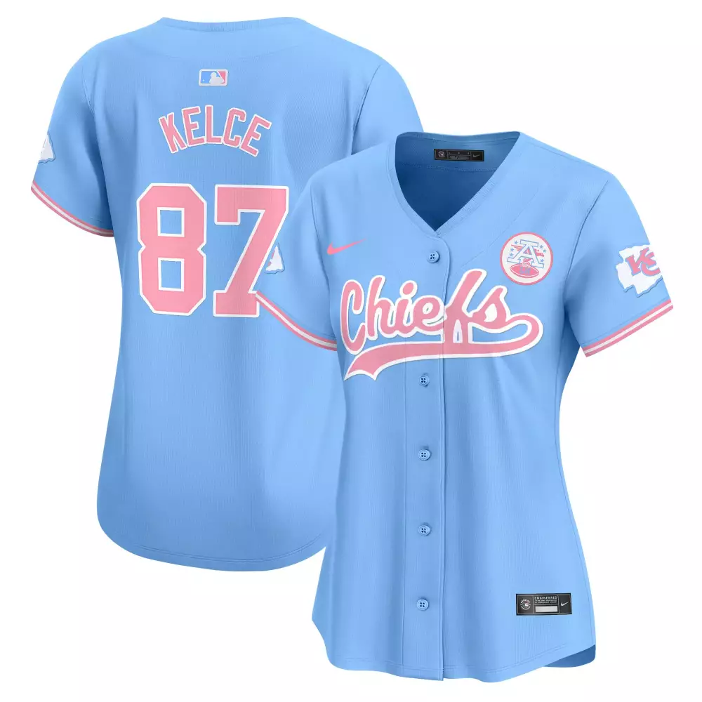 Travis Kelce 87 Jersey Light Blue Kansas City Chiefs Women Alternate Pink White All