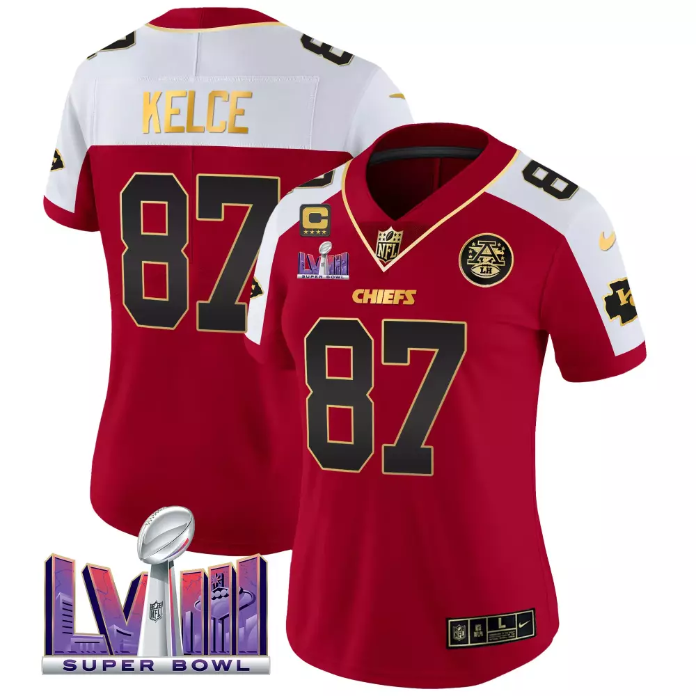 Travis Kelce 87 Chiefs Jersey Red Super Bowl Lviii Men Player White Gold All Stitched