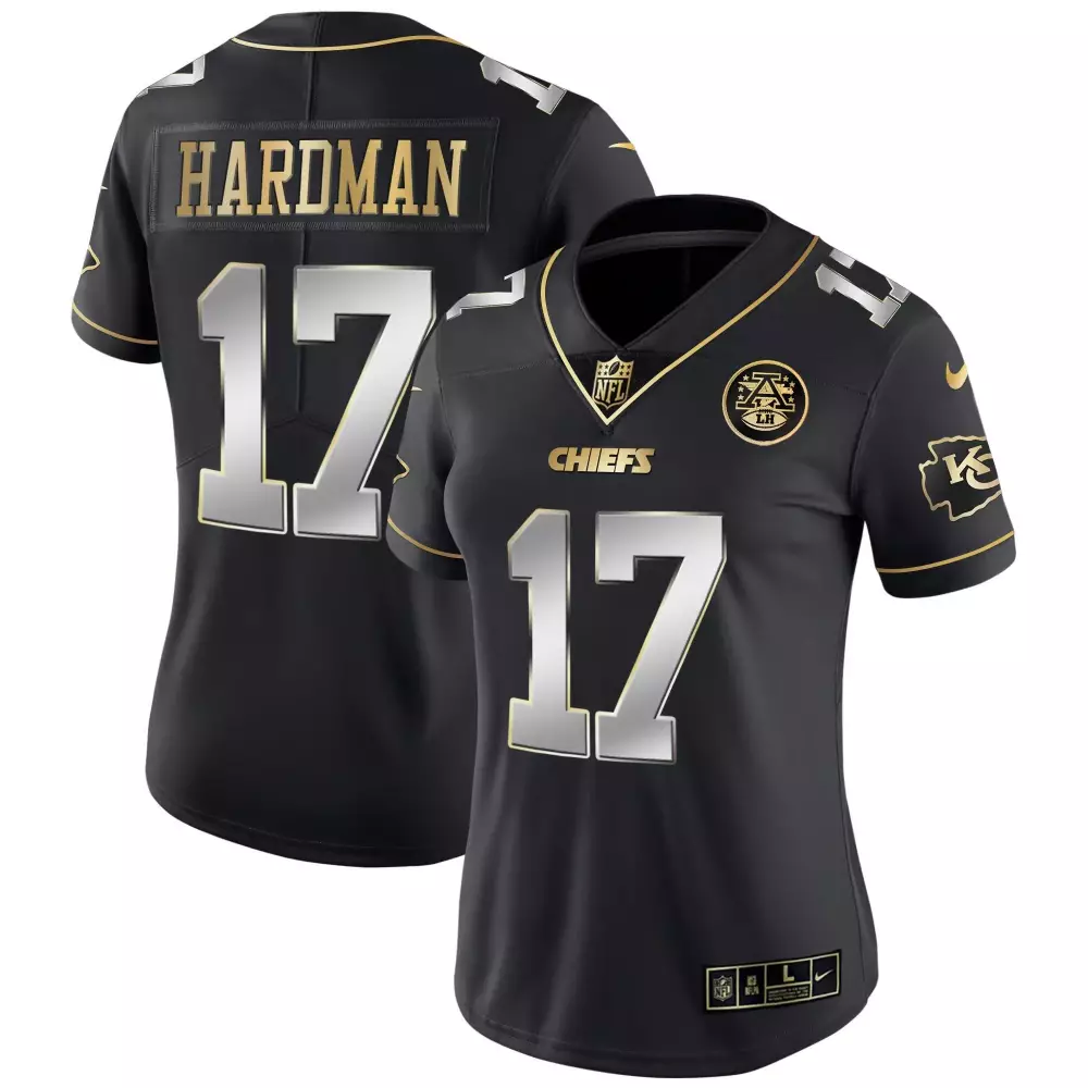 Mecole Hardman 17 Chiefs Jersey Black NFL 100th Season Kansas City Men Replica Gold