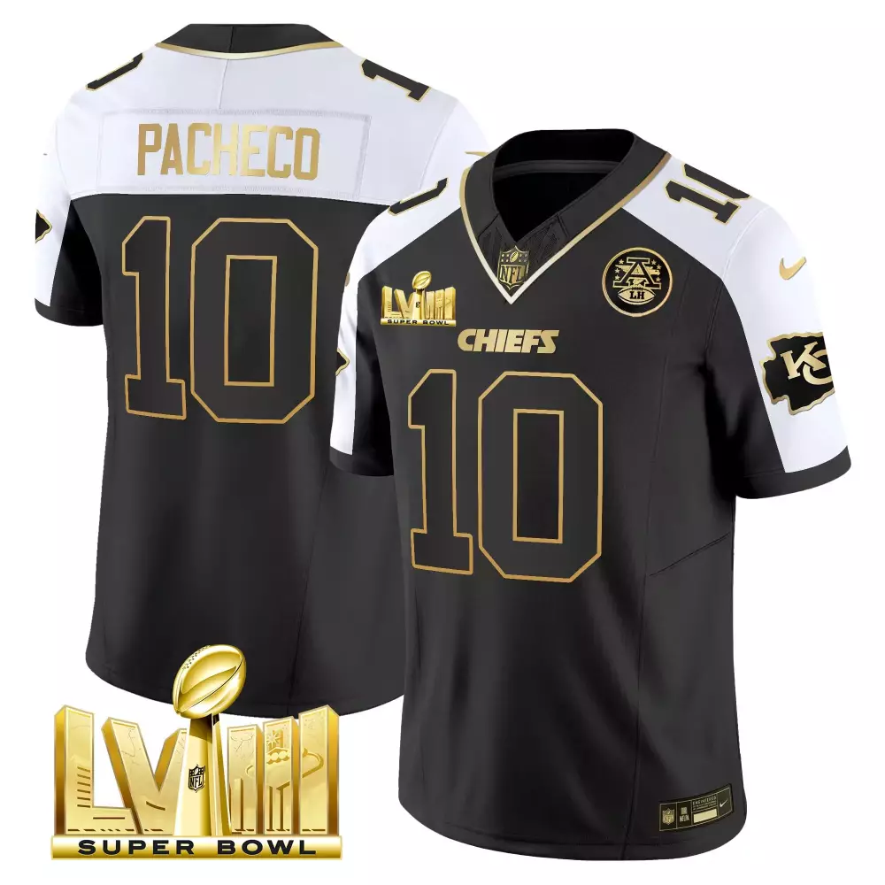 Isiah Pacheco 10 Chiefs Jersey Black Super Bowl Lviii Men Player White Gold Alternate