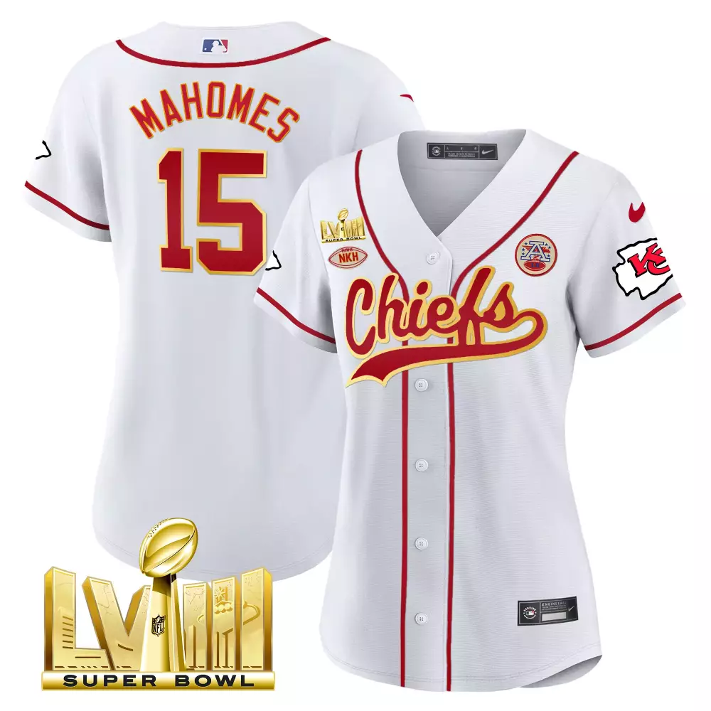 Patrick Mahomes 15 Chiefs Jersey White Super Bowl Lviii Champions Nkh Men Red Gold