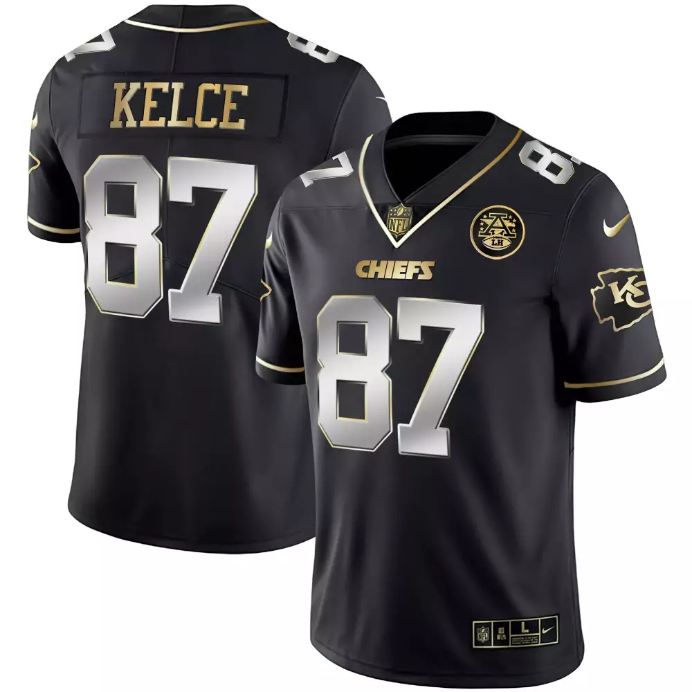 Travis Kelce 87 Chiefs Jersey Black AF1 Men Gold Silver All Stitched Vapor Limited