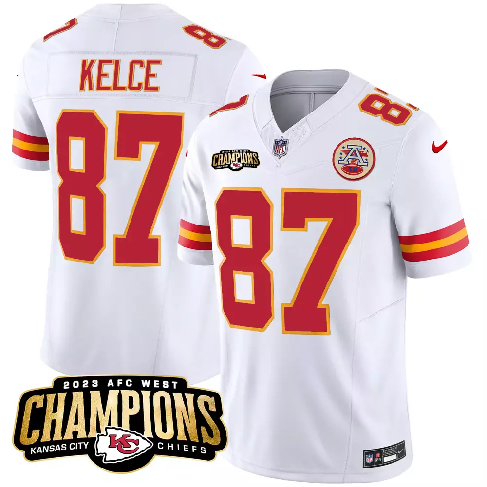 Travis Kelce 87 Jersey White AFC West Champions Kansas City Chiefs 2023 Men Replica