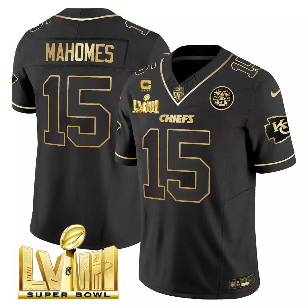 Patrick Mahomes 15 Chiefs Jersey Black Super Bowl Lviii Champions Men Gold All Stitched