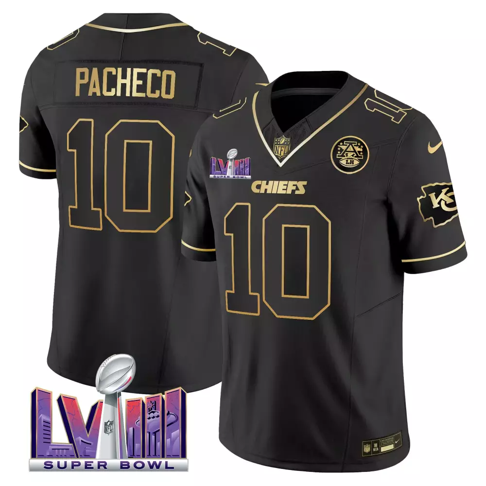 Isiah Pacheco 10 Chiefs Jersey Black Super Bowl Lviii Men Player Gold Stitched