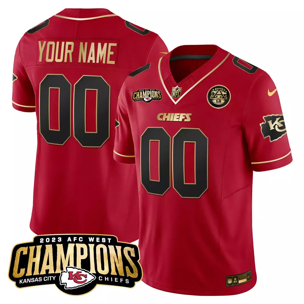 Custom Kansas City Chiefs Jersey Red AFC West Champions 2023 Men Black Gold Vapor