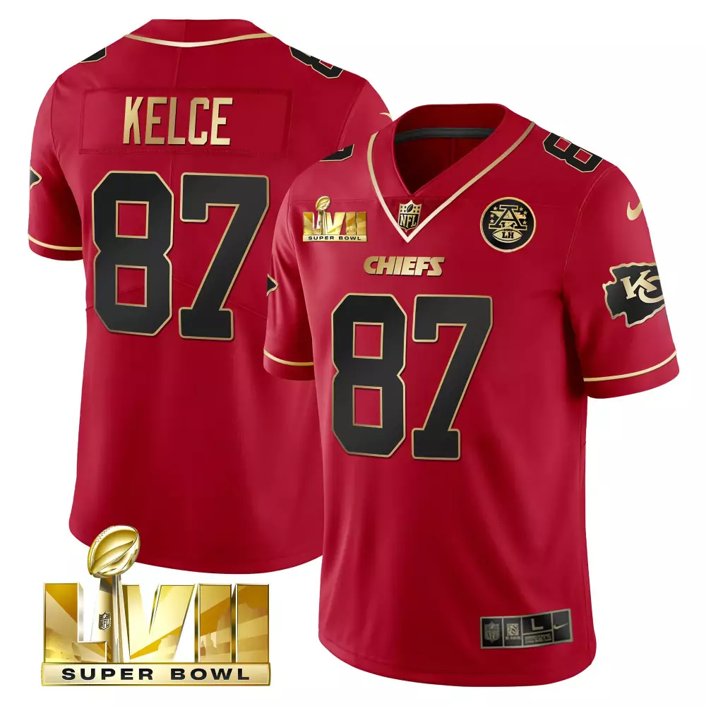 Travis Kelce 87 Chiefs Jersey Red Super Bowl Lviii Men Player Black Gold Stitched