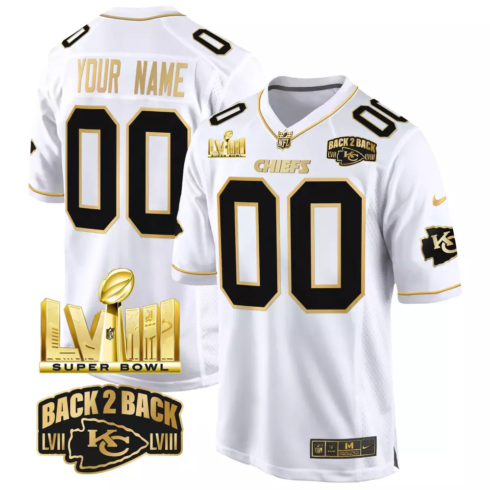 Custom Chiefs Jersey White Super Bowl Lviii Champions To Lvii Men Player Black Gold