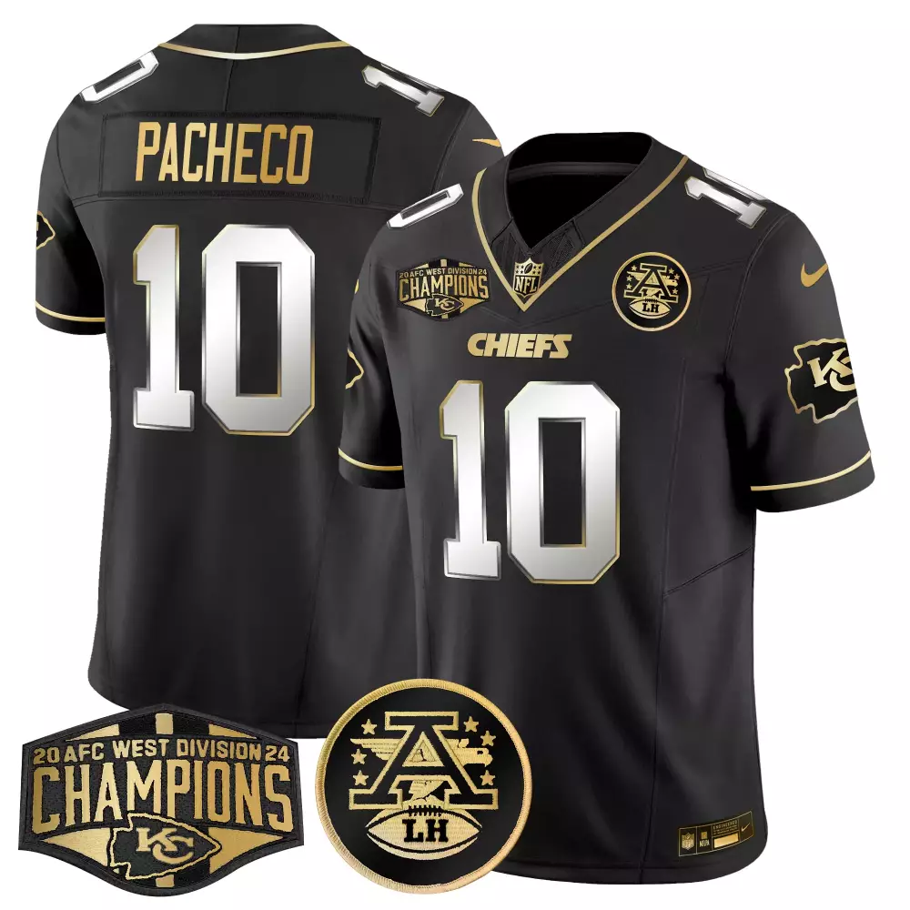 Isiah Pacheco 10 Chiefs Jersey Black 2023 AFC West Division Champions Men Gold White