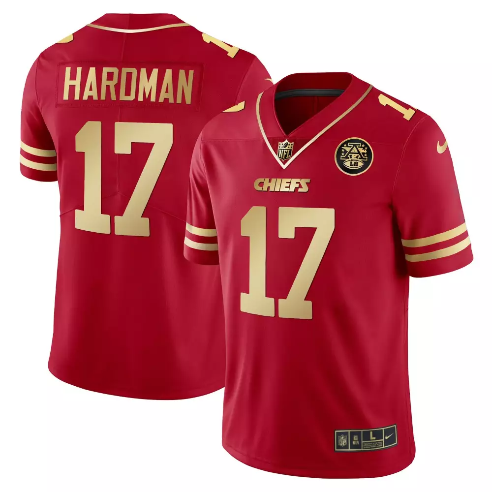 Mecole Hardman 17 Chiefs Jersey Red Afl-nfl 50th Anniversary Men Gold All Stitched