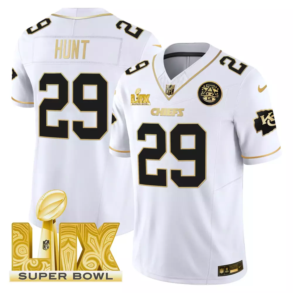 Kareem Hunt 29 Chiefs Jersey White Super Bowl Lix Men NFL Black Gold Vapor Limited