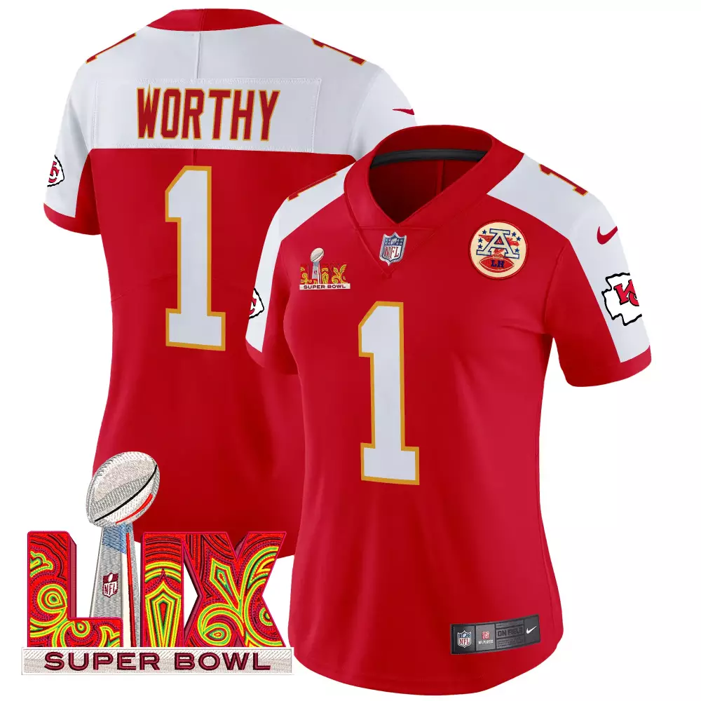 Xavier Worthy 1 Jersey Red Super Bowl Lix Kansas City Chiefs Women Standard White