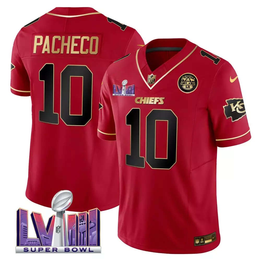 Isiah Pacheco 10 Chiefs Jersey Red Super Bowl Lviii 2023 Men Player Gold Black All