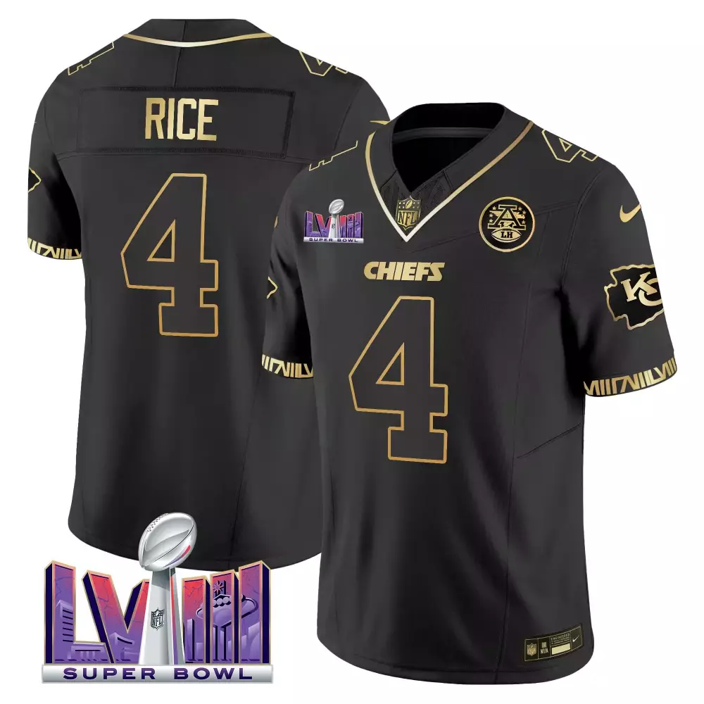 Rashee Rice 4 Chiefs Jersey Black Super Bowl Lviii 2023 Men Replica Gold Vapor All